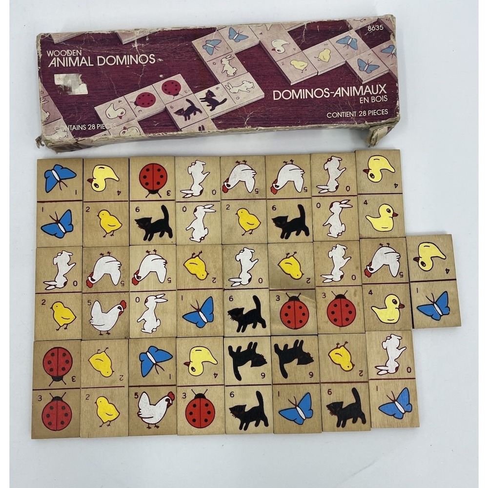 Vintage 1985 Wooden Animal Dominos in Box 25 Pieces‎ Incomplete